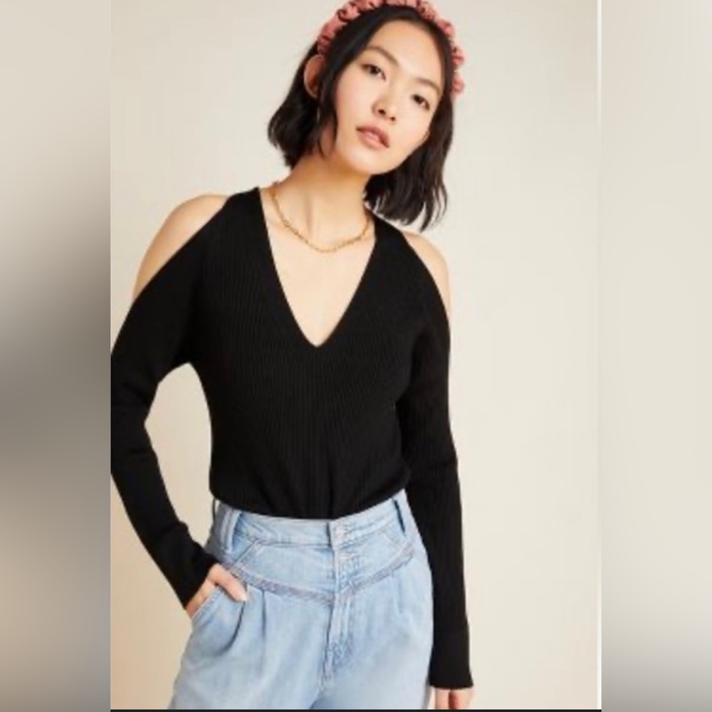 Anthropologie Fontain Open Shoulder Black Sweater